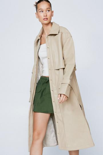 Stone Beige Pocket Detail Faux Leather Trench Coat