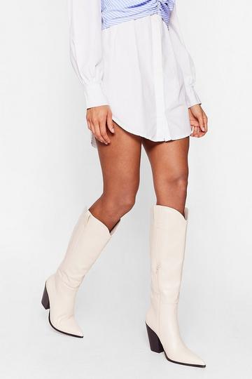 Faux Leather Western Knee High Heeled Boots cream