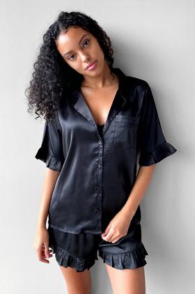 BLACK Satin lace detail pyjama short set, Womens Pyjamas