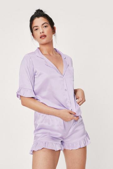 Lilac Purple Satin Ruffle Pajama Shirt and Shorts Set