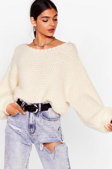 Fuck 'Em Off-the-Shoulder Knitted Sweater white
