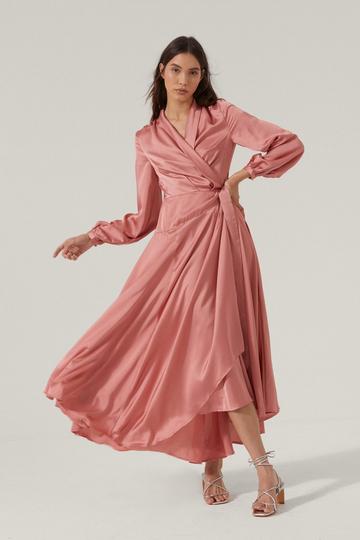 Coral Pink Satin Long Sleeve Cowl Back Maxi Dress