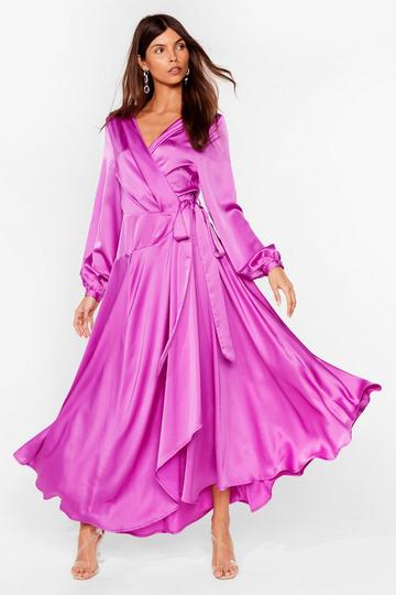 Purple Cowl Back Satin Wrap Maxi Dress