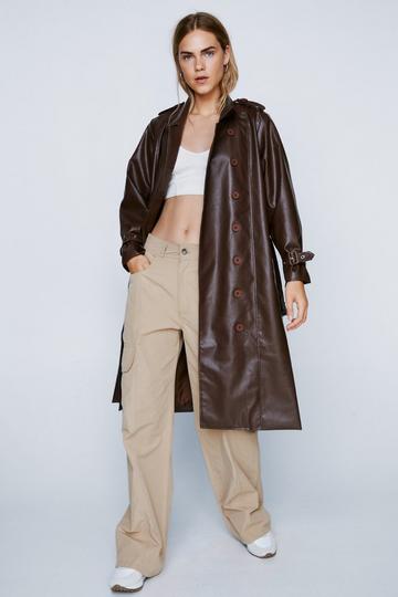 Brown Faux Leather Belted Longline Trench Coat