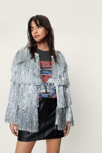 Metallic Open Front Tiered Tinsel Fringe Jacket silver