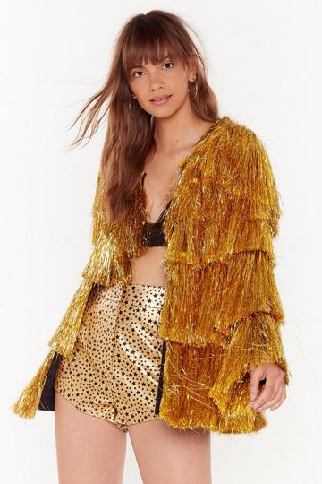 Metallic Tiered Tinsel Fringe Open Front Jacket gold