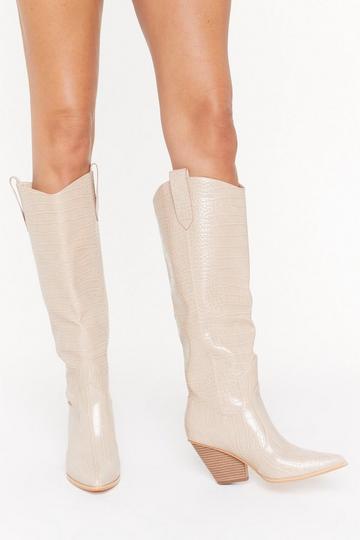 Stone Beige Knee High Faux Leather Croc Cowboy Boots