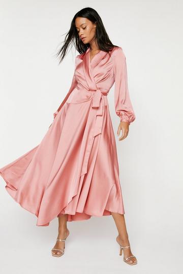 Pink Satin V Neck Tie Maxi Dress