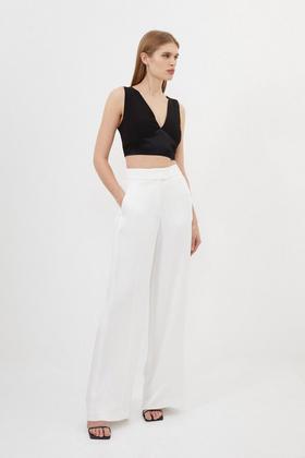 Compact Viscose Contrast Panelled Wide Leg Trouser