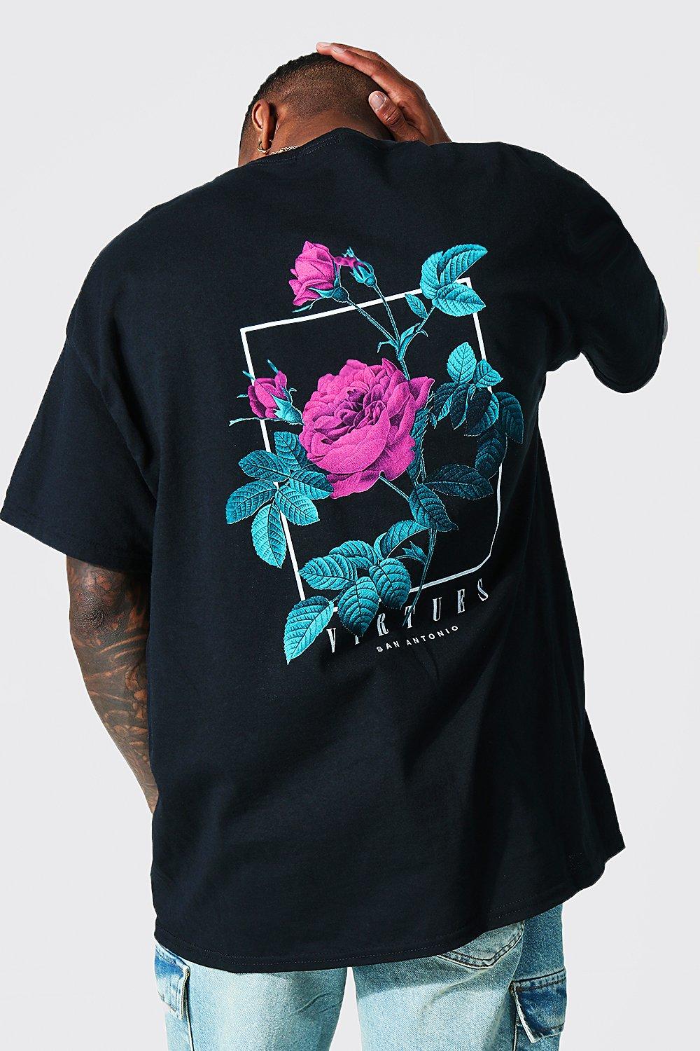 Men s Oversized Floral Print Velour T shirt Boohoo UK