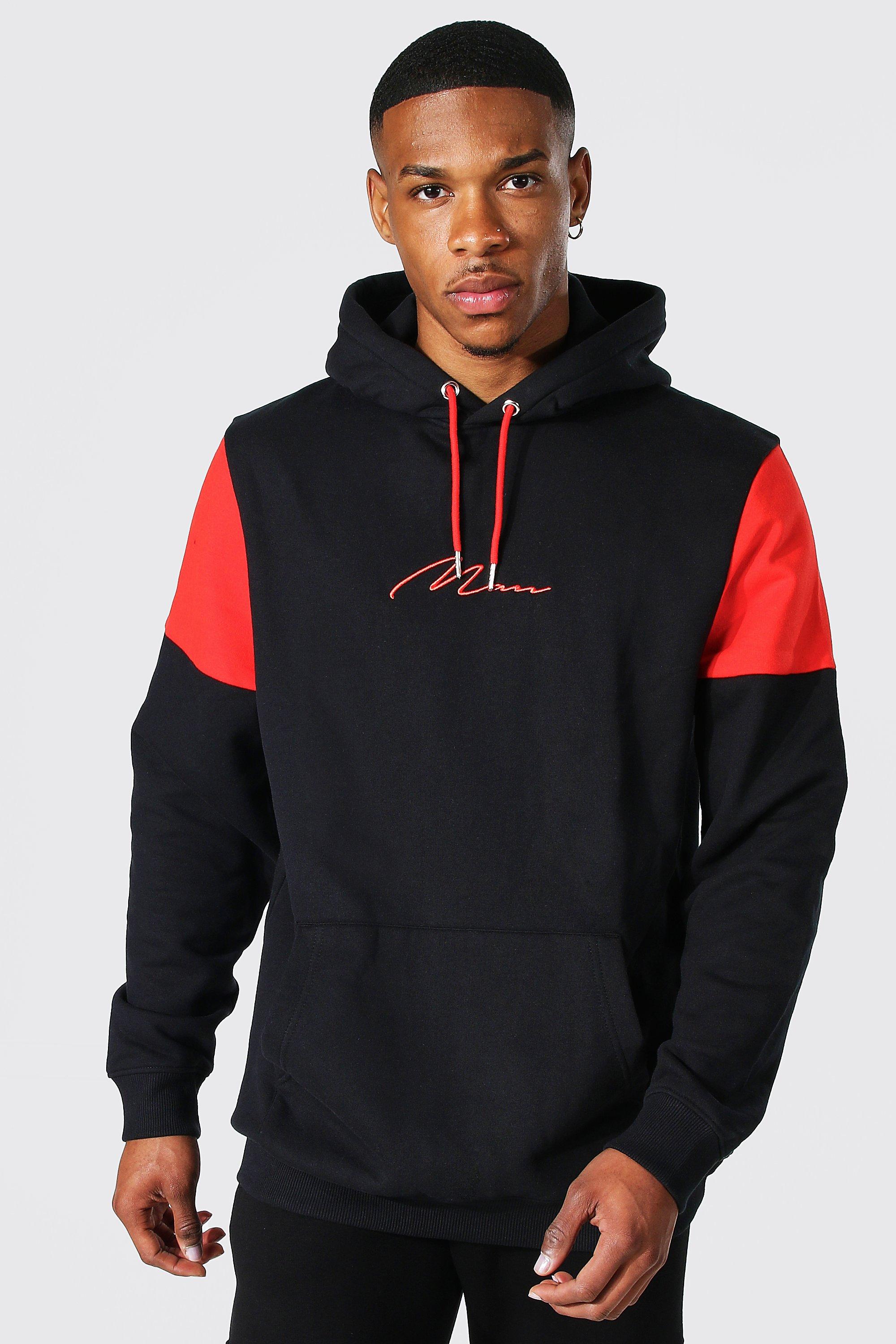black hoodie with red stripes on sleeves