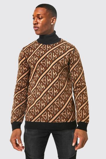 Diagonal Stripe Knitted Roll Neck Jumper brown