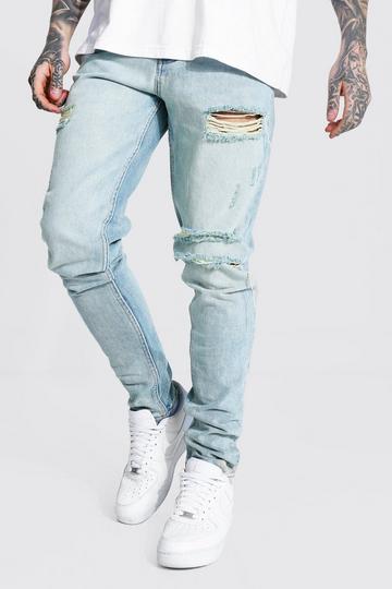 Tapered Rigid Stacked Leg Multi Rip Jeans antique blue