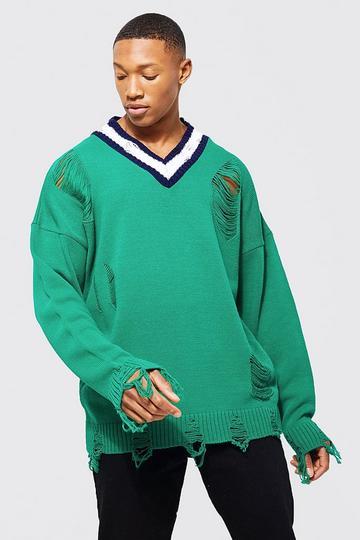 Distressed V Neck Striped Knitted Jumper green
