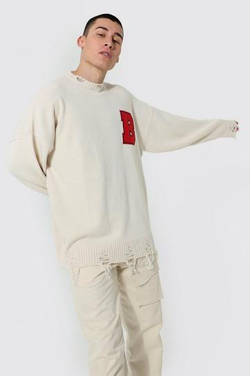 Oversized Distressed Varsity Badge Jumper cream