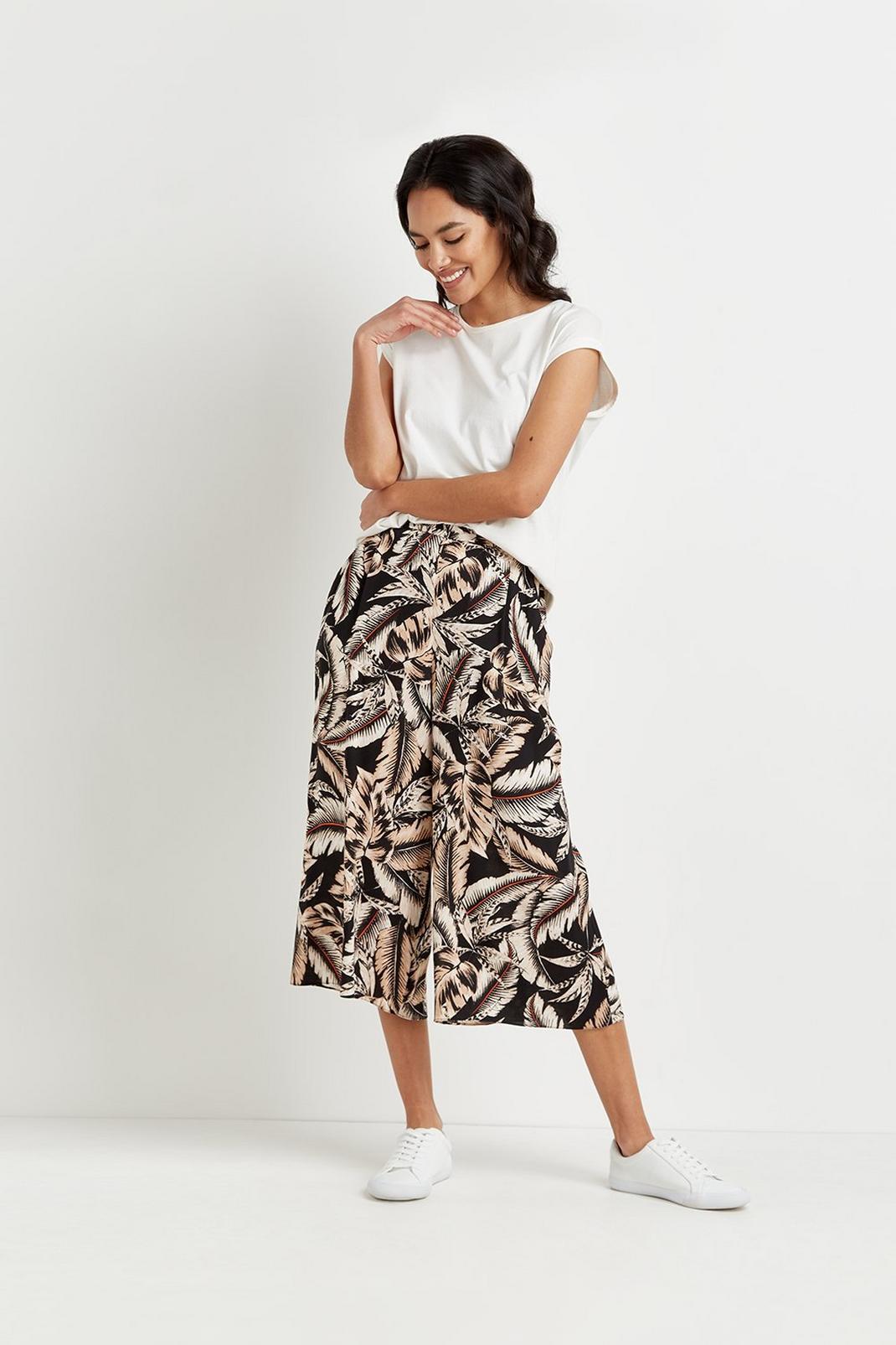 Black Petite Palm Print Cropped Wide Trouser image number 1