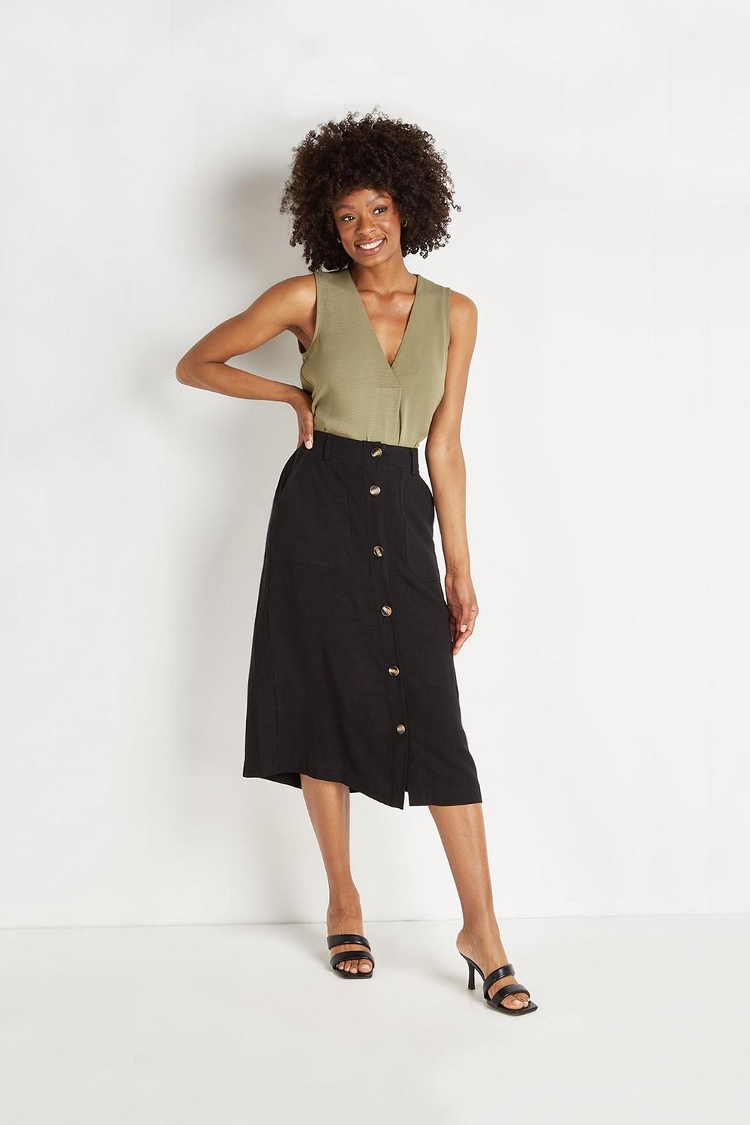 Black Linen Look Button Through Skirt image number 1