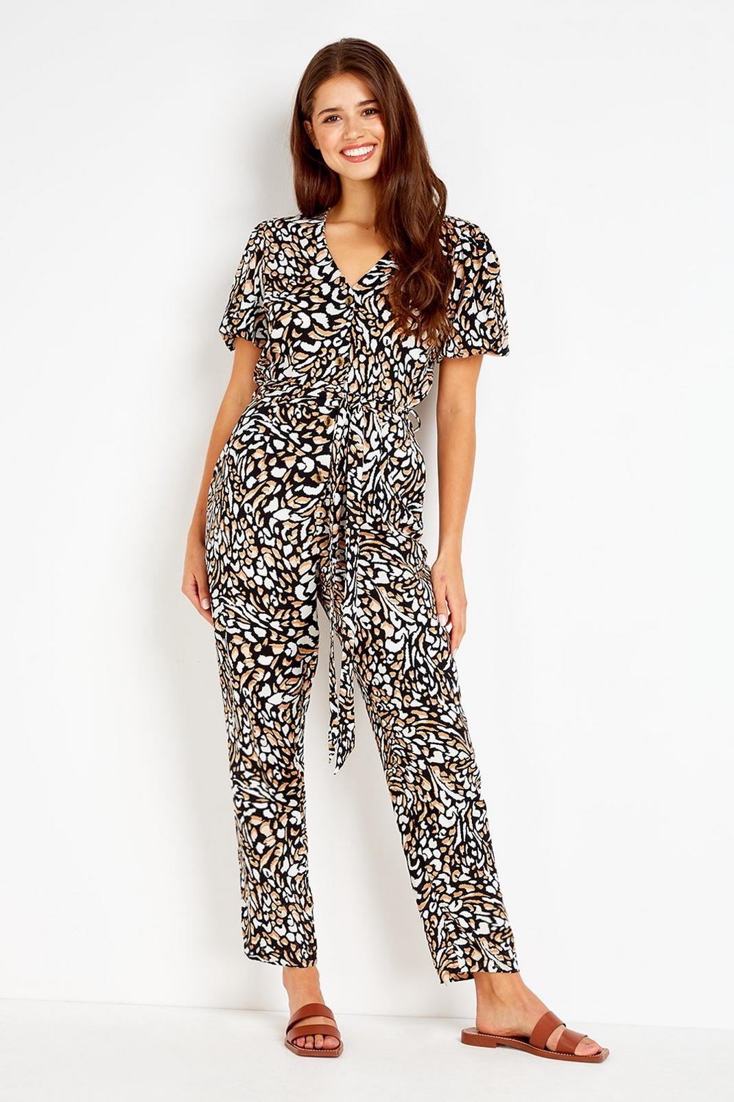 Brown Petite Animal Button Front Jumpsuit image number 1