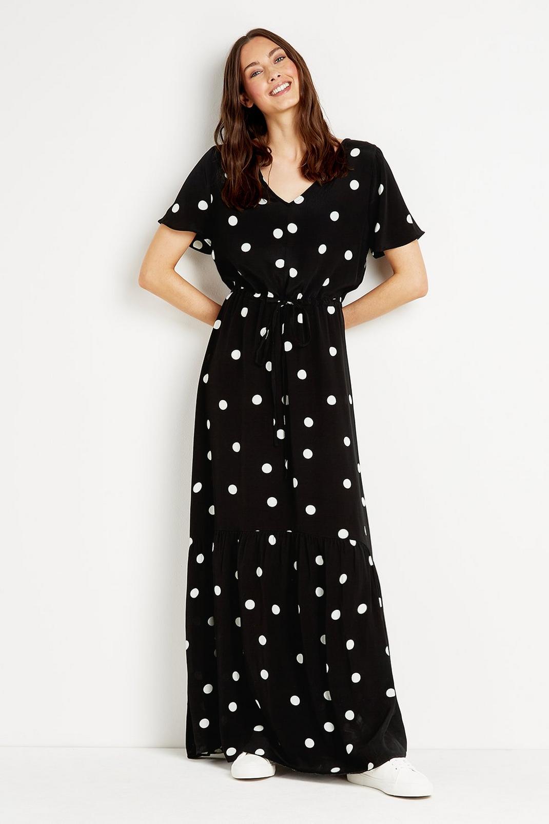 Black_white Tall White Spot Tiered Maxi Dress image number 1