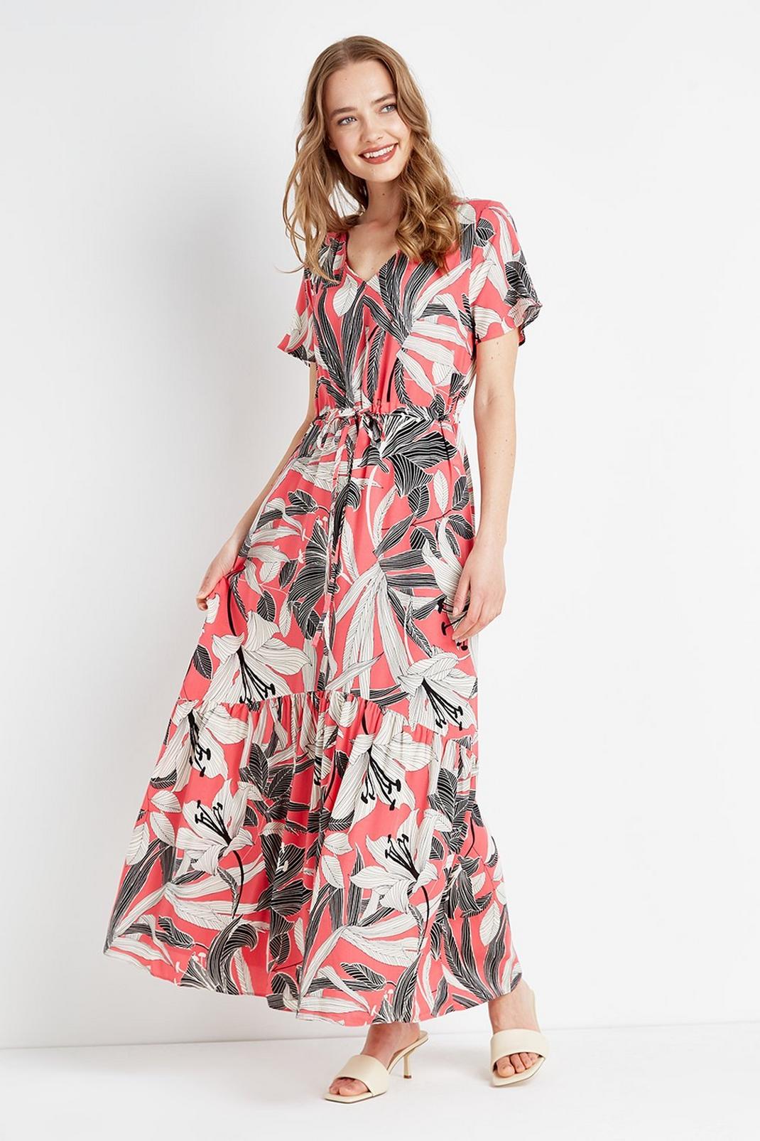 Pink Jungle Palm Relaxed Tiered Maxi Dress image number 1
