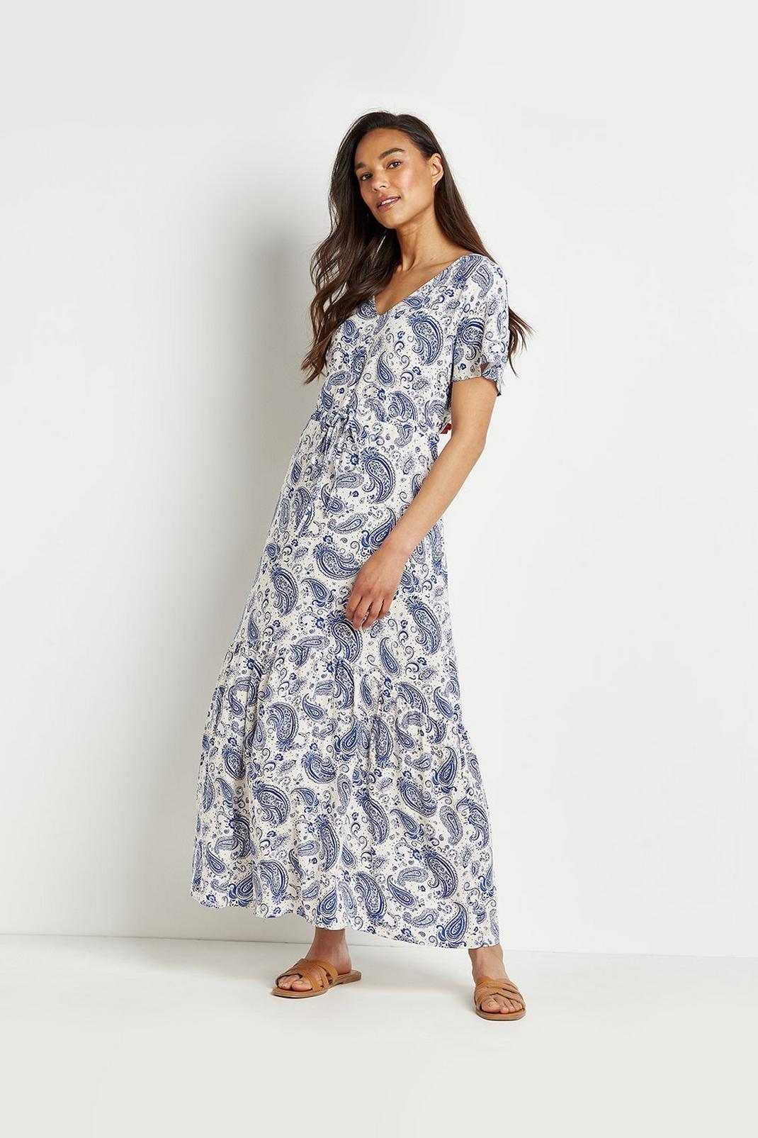 Blue Petite Paisley Tiered Maxi Dress image number 1