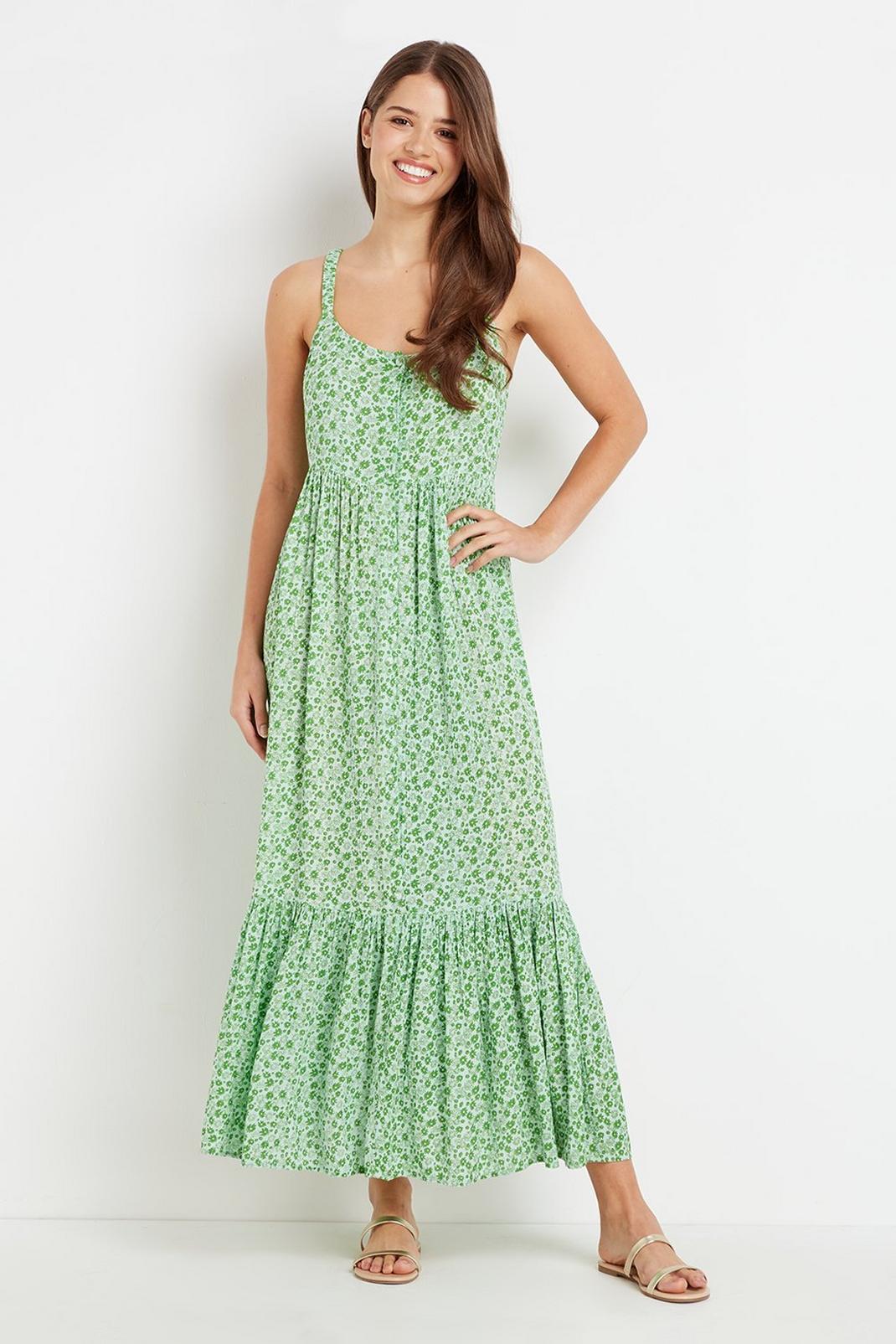 130 Green Strappy Floral Buttoned Midi Dress image number 1