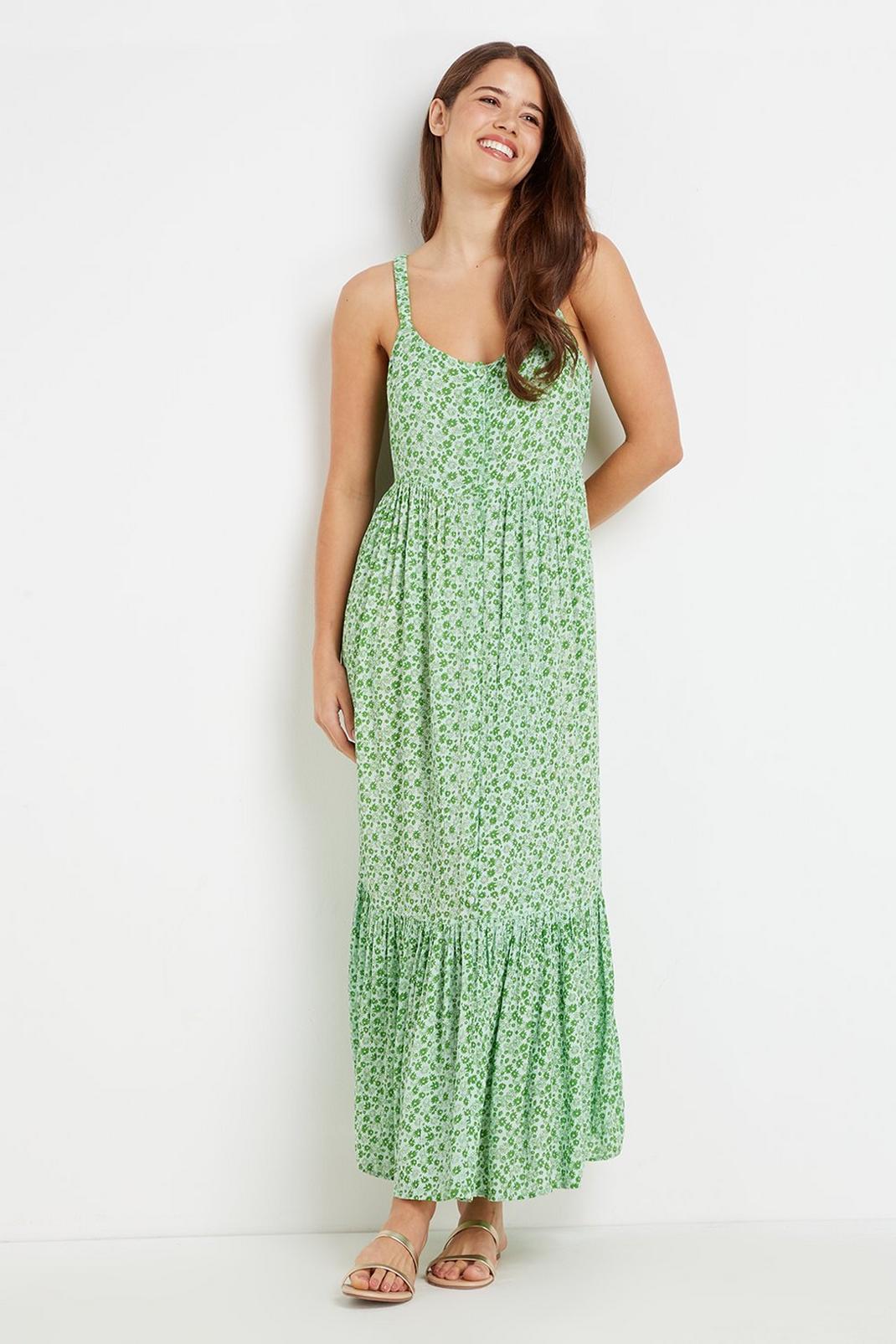 130 Green Strappy Floral Buttoned Midi Dress image number 2