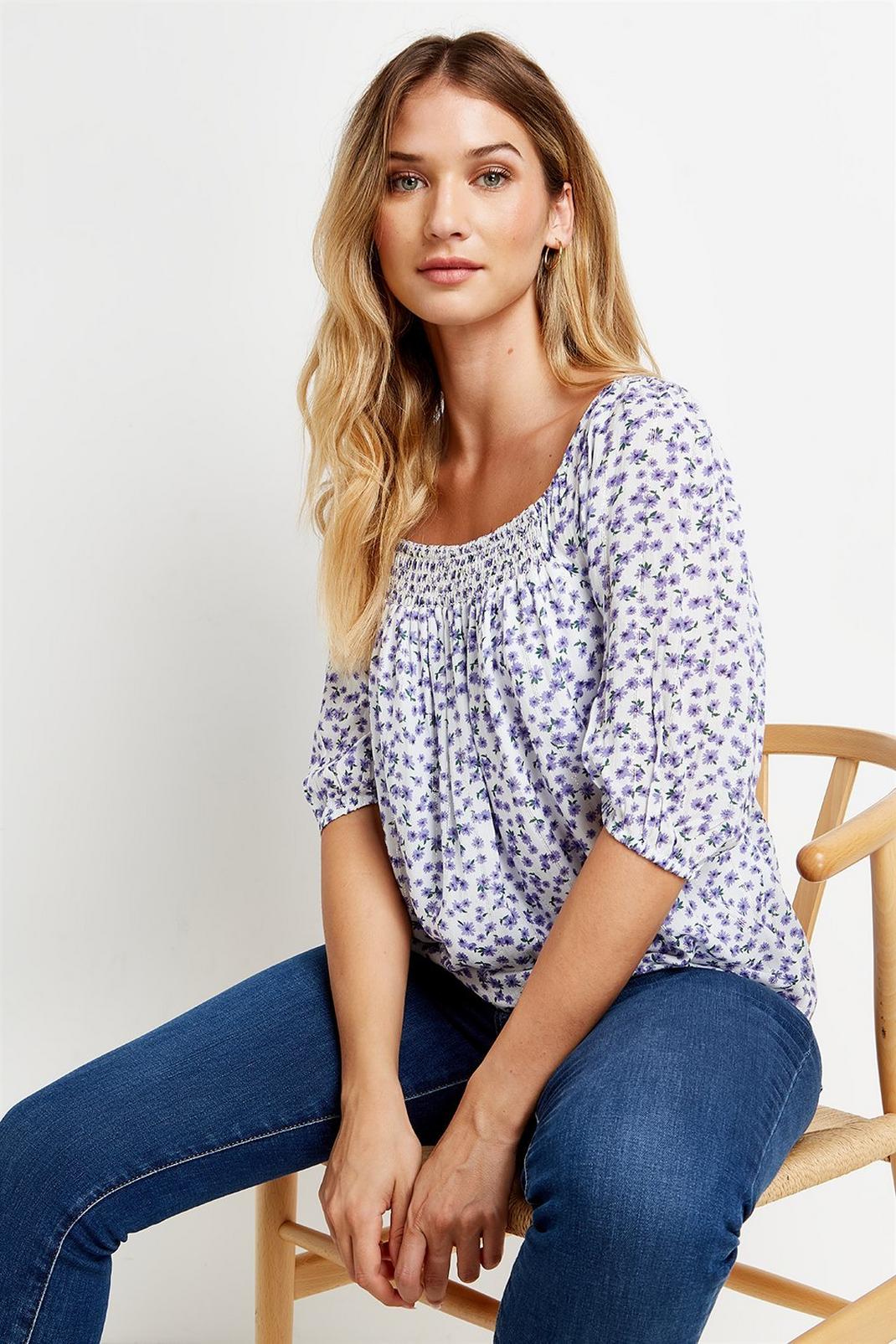 106 Petite Lilac Pretty Floral Shirred Bardot Top image number 1