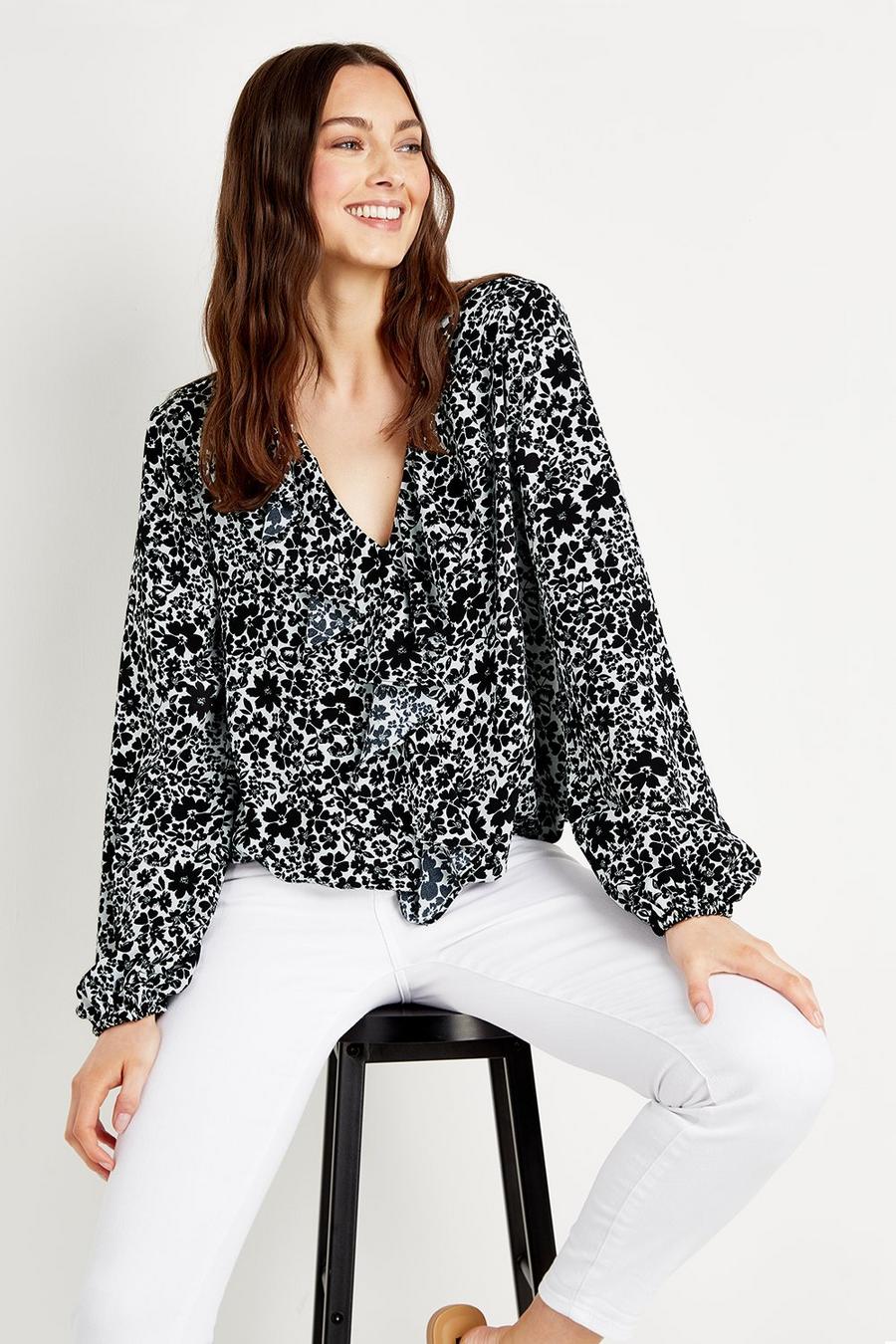 Tall Mono Floral Frill Front Top