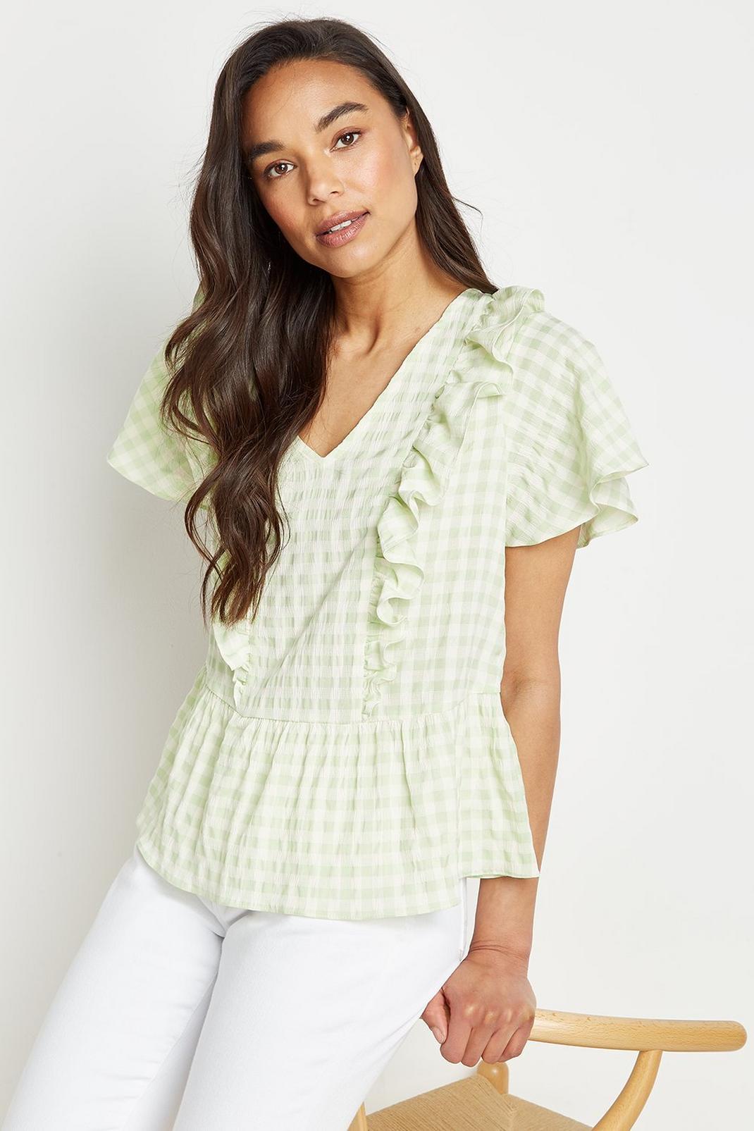 130 Petite Green Gingham Frill Top image number 1