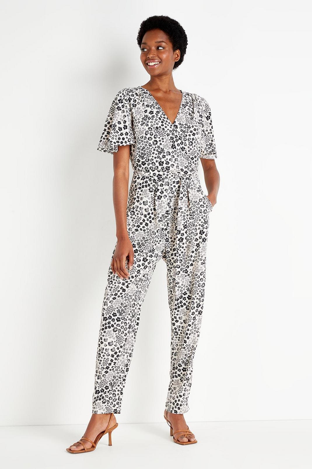 808 Tall Mono Floral Tie Waist Jumpsuit image number 1