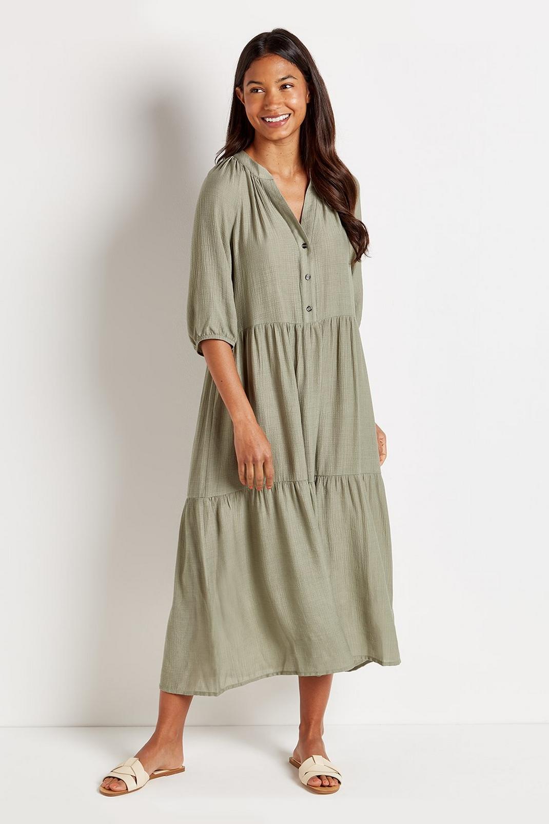 Khaki Tiered Button Dress image number 1