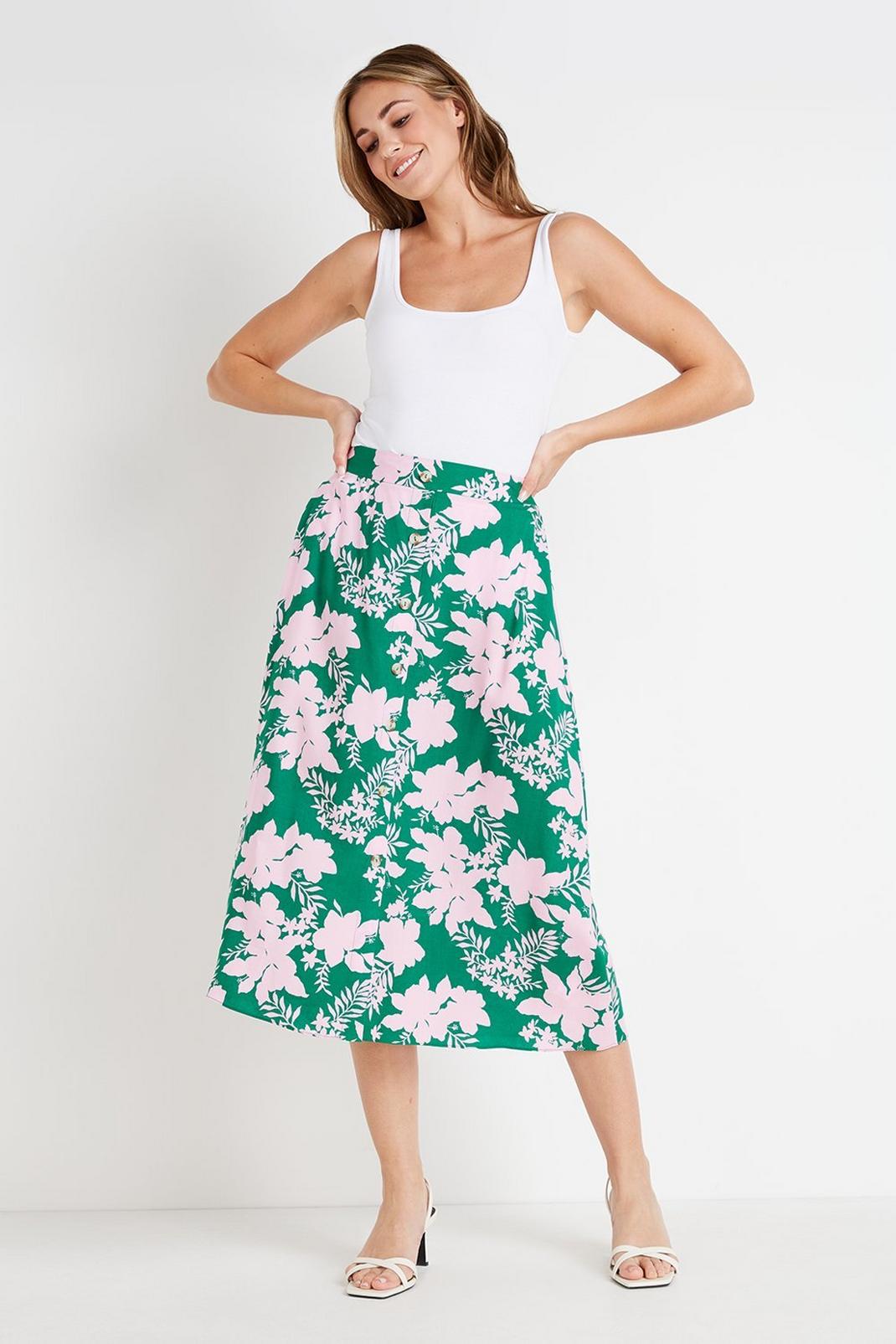 Green Floral Button Through Skirt image number 1