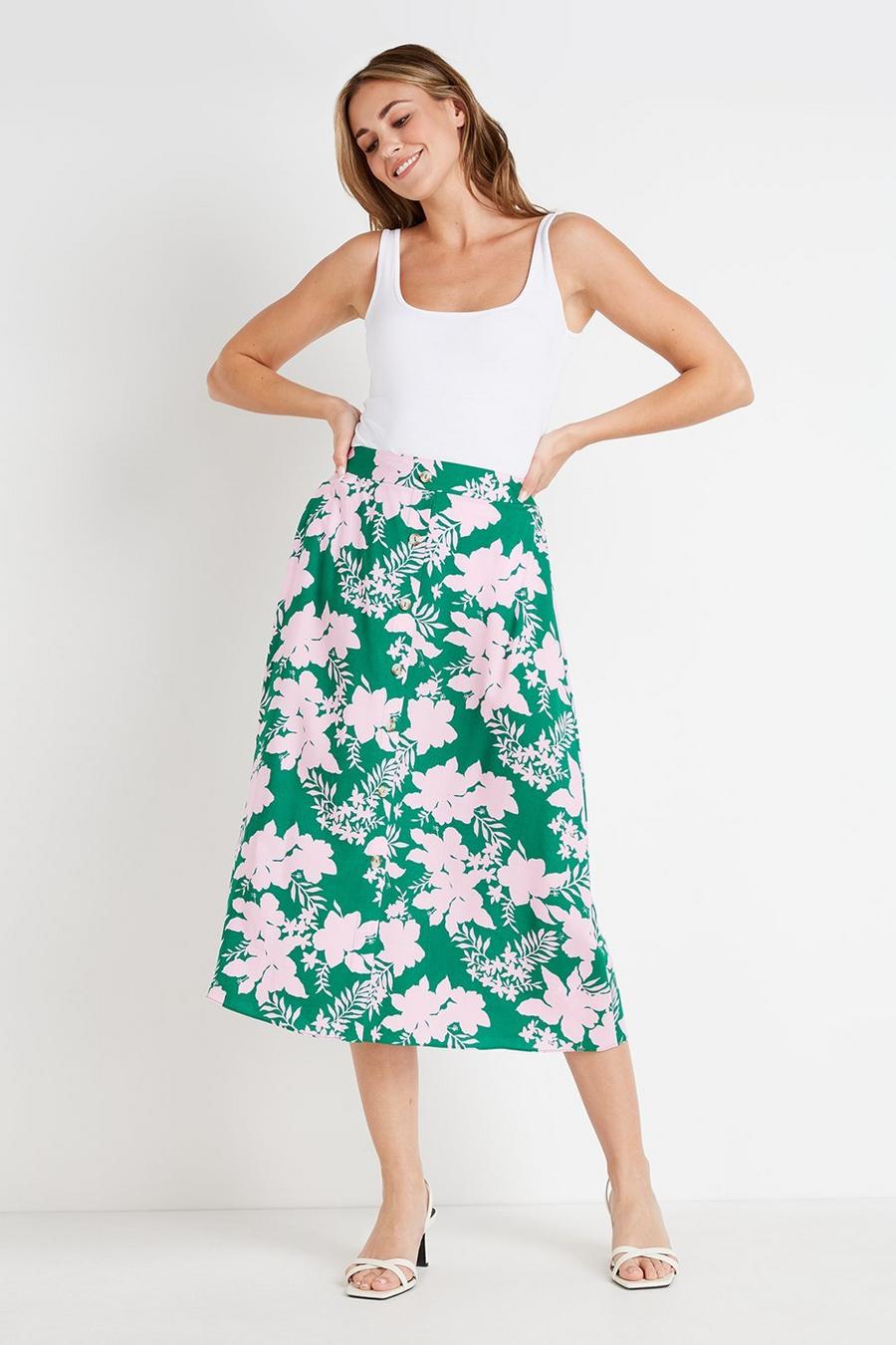 Green Floral Button Through Skirt