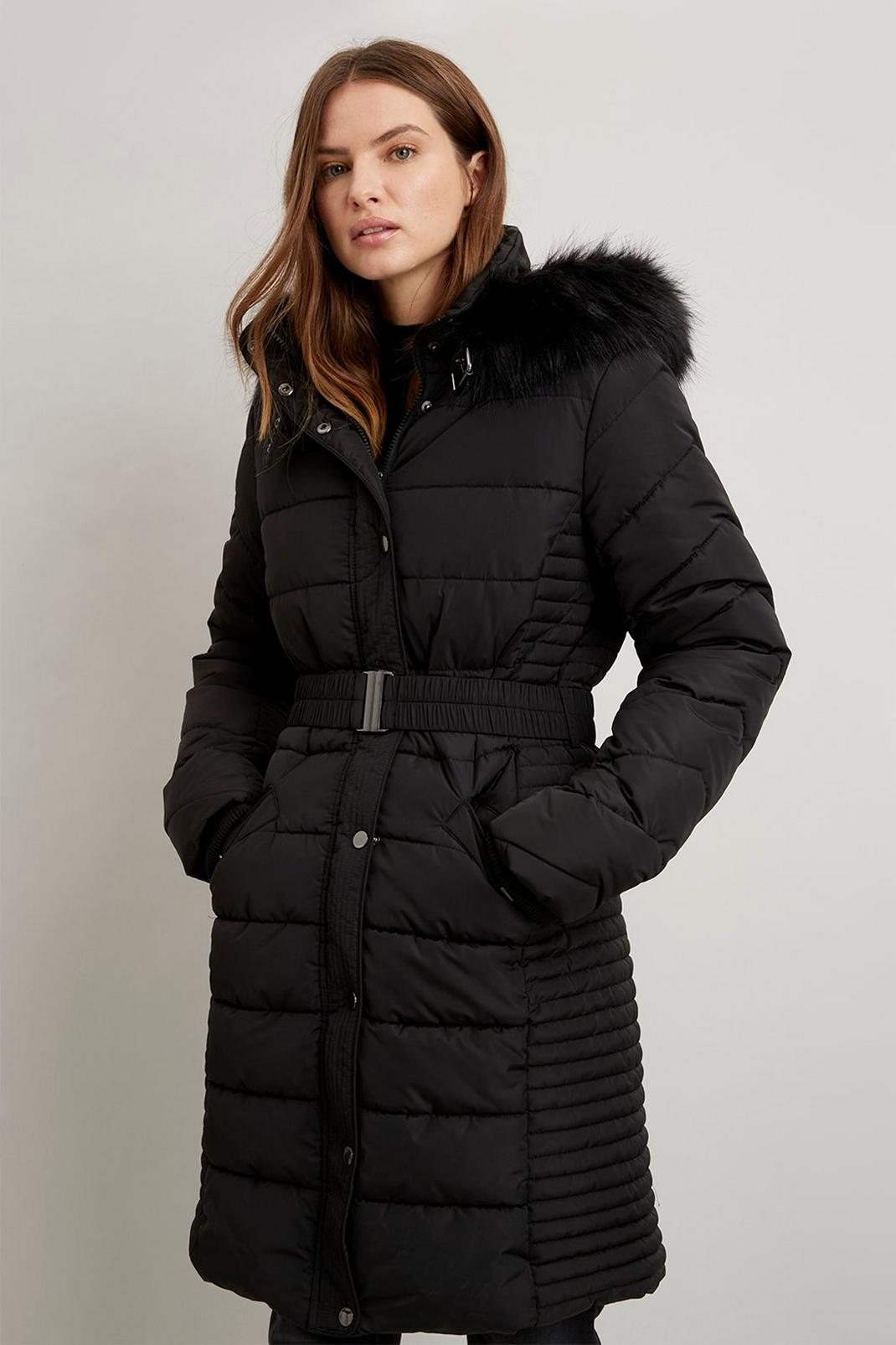 Black Tall Midi Belted Padded Coat image number 1