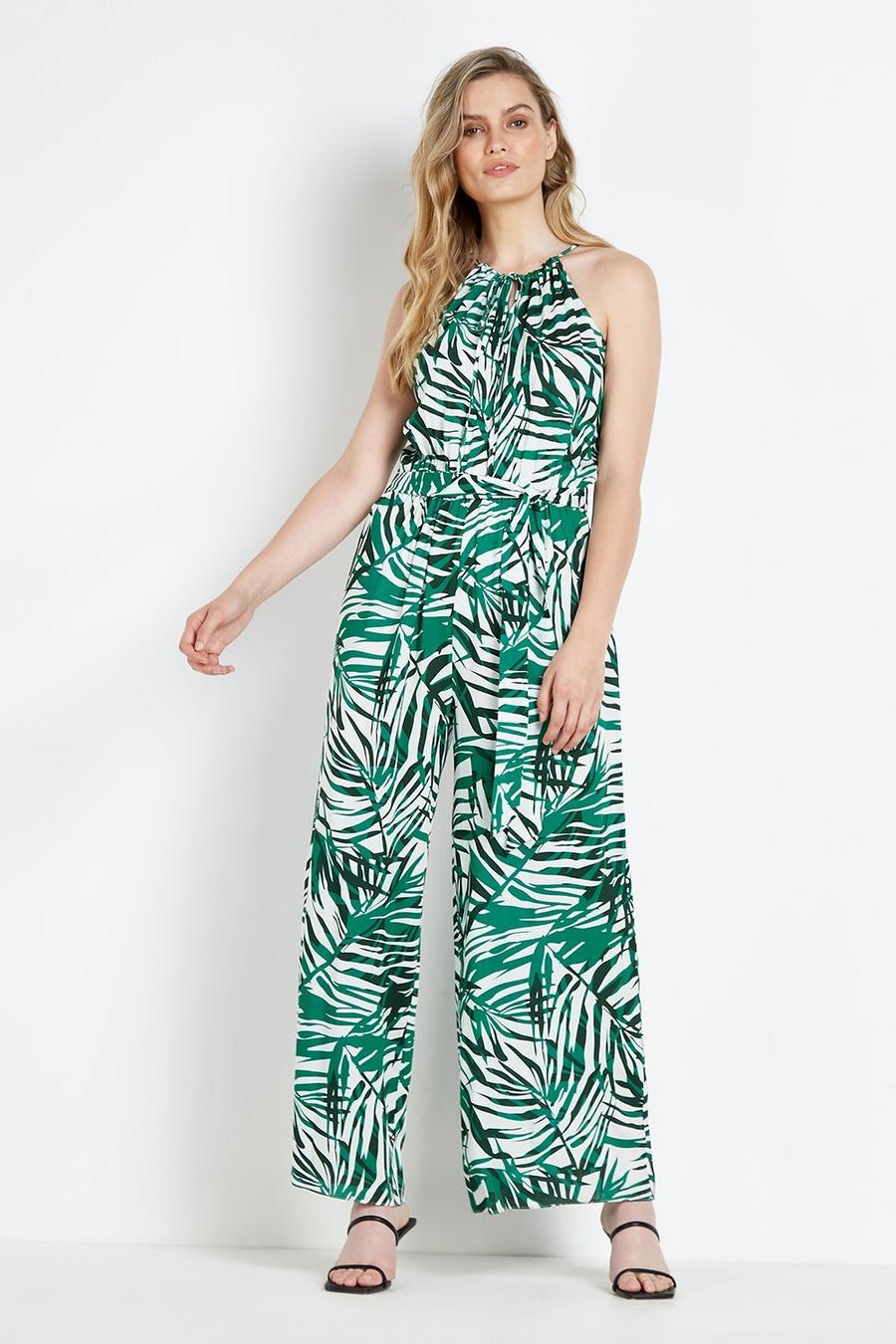Green Palm Halter Jumpsuit