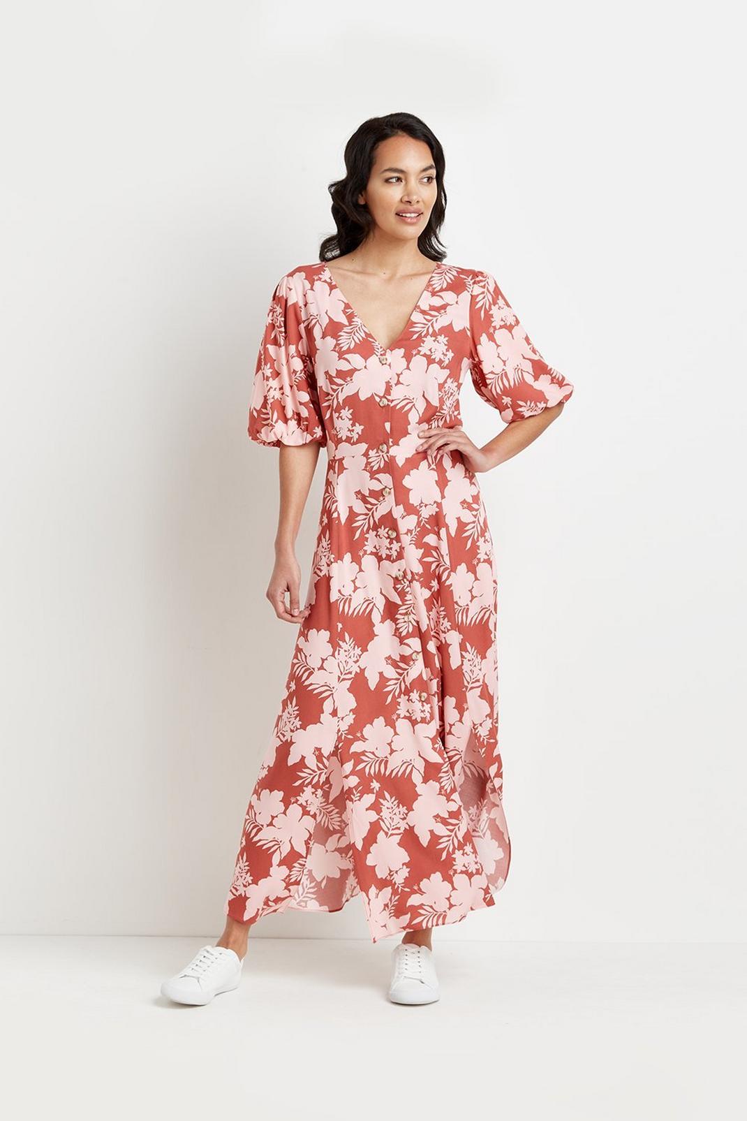 Terracotta Tall Shadow Floral Button Through Dress image number 1