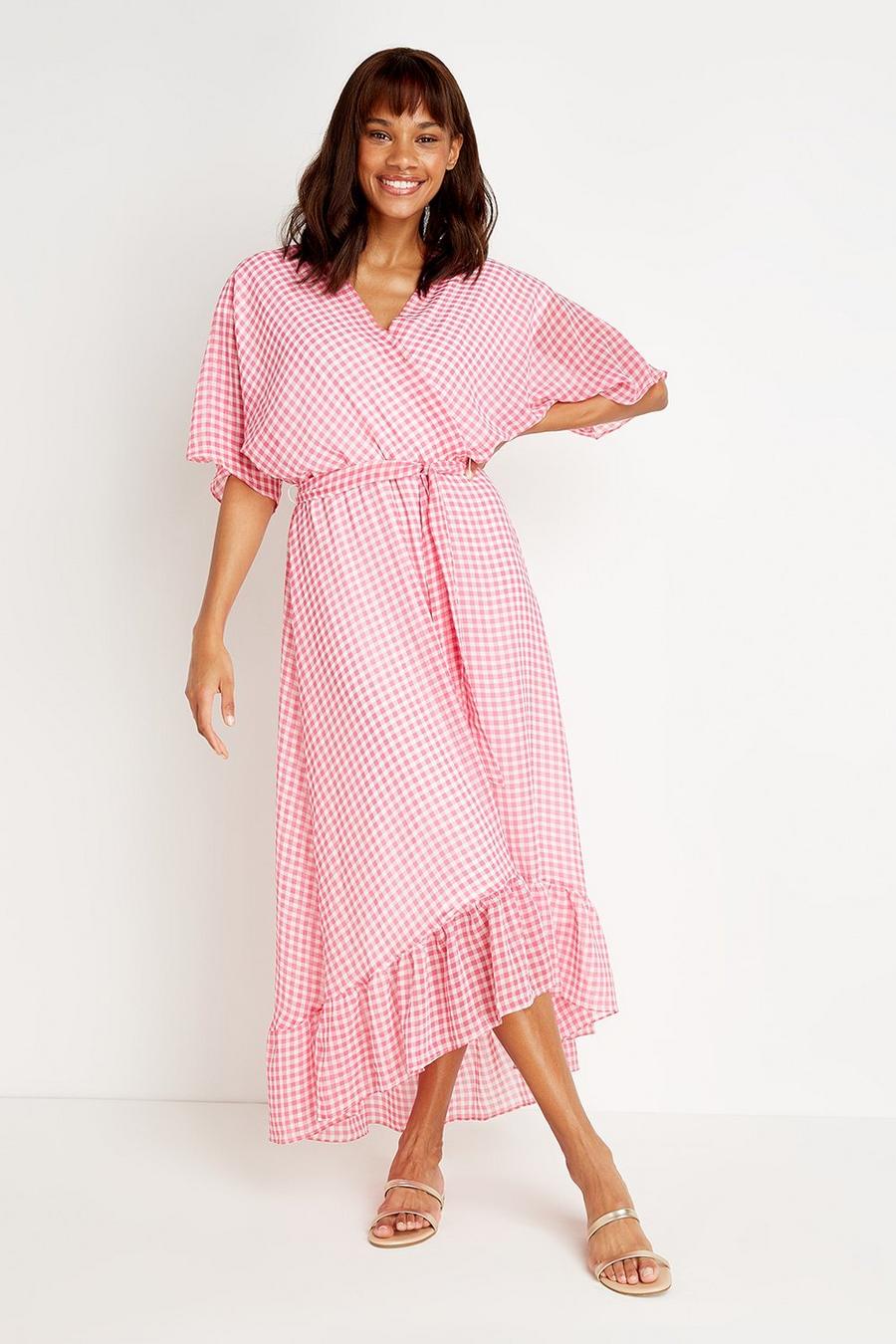 Tall Pink Check Wrap Midi Dress