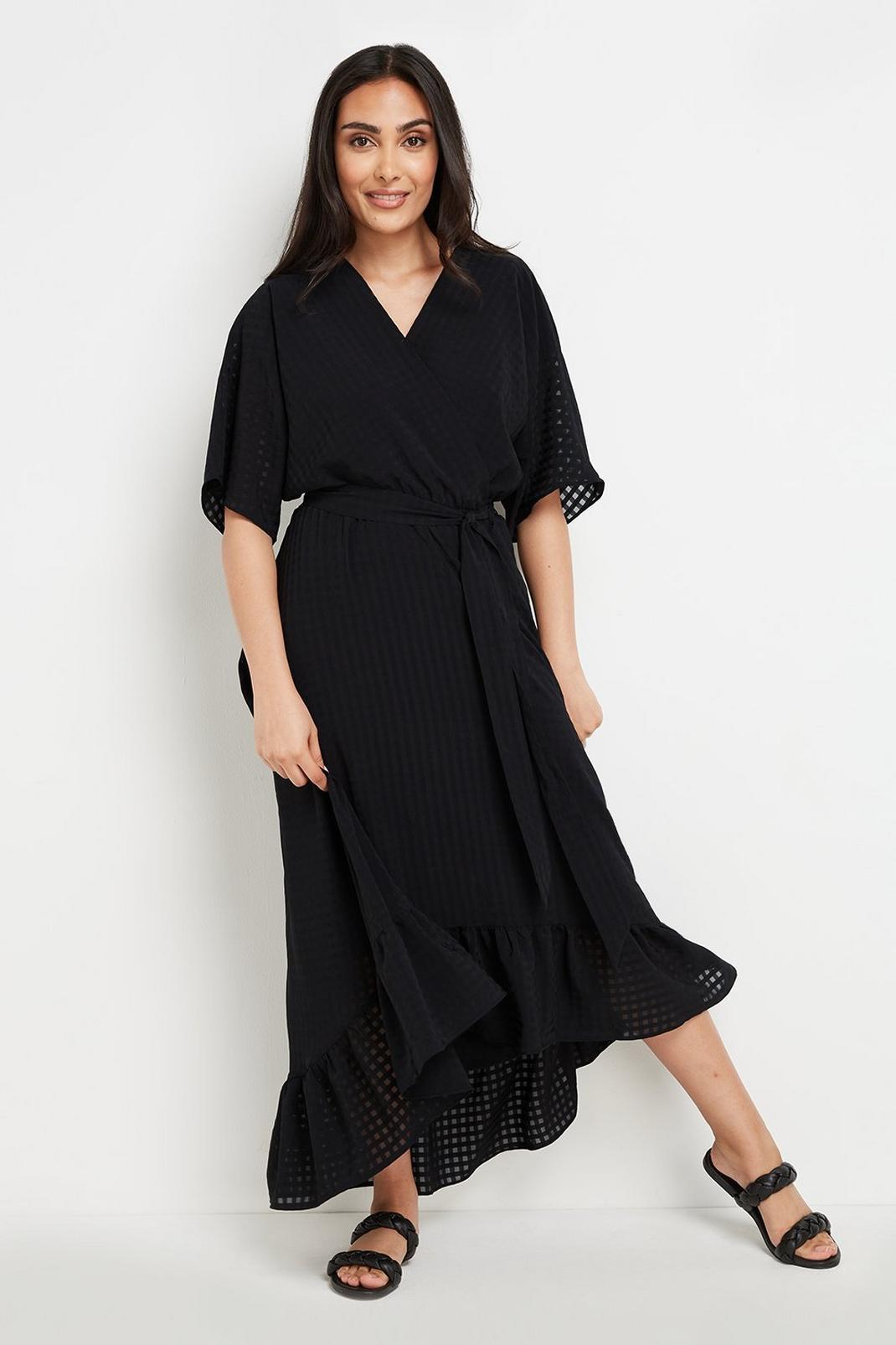 Black Petite Plain Check Wrap Midi Dress image number 1
