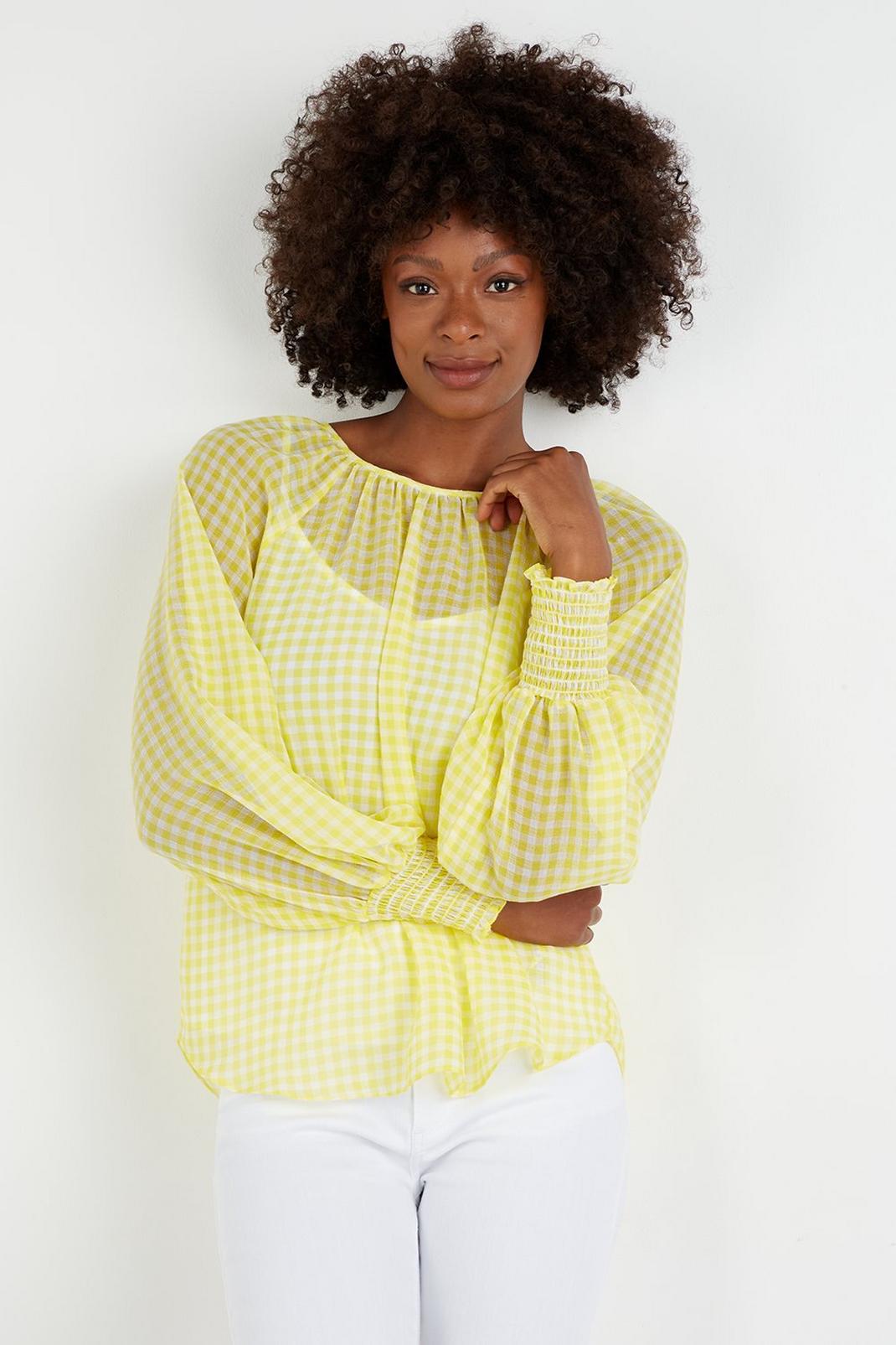 Yellow Check Shirred Cuff Blouse image number 1