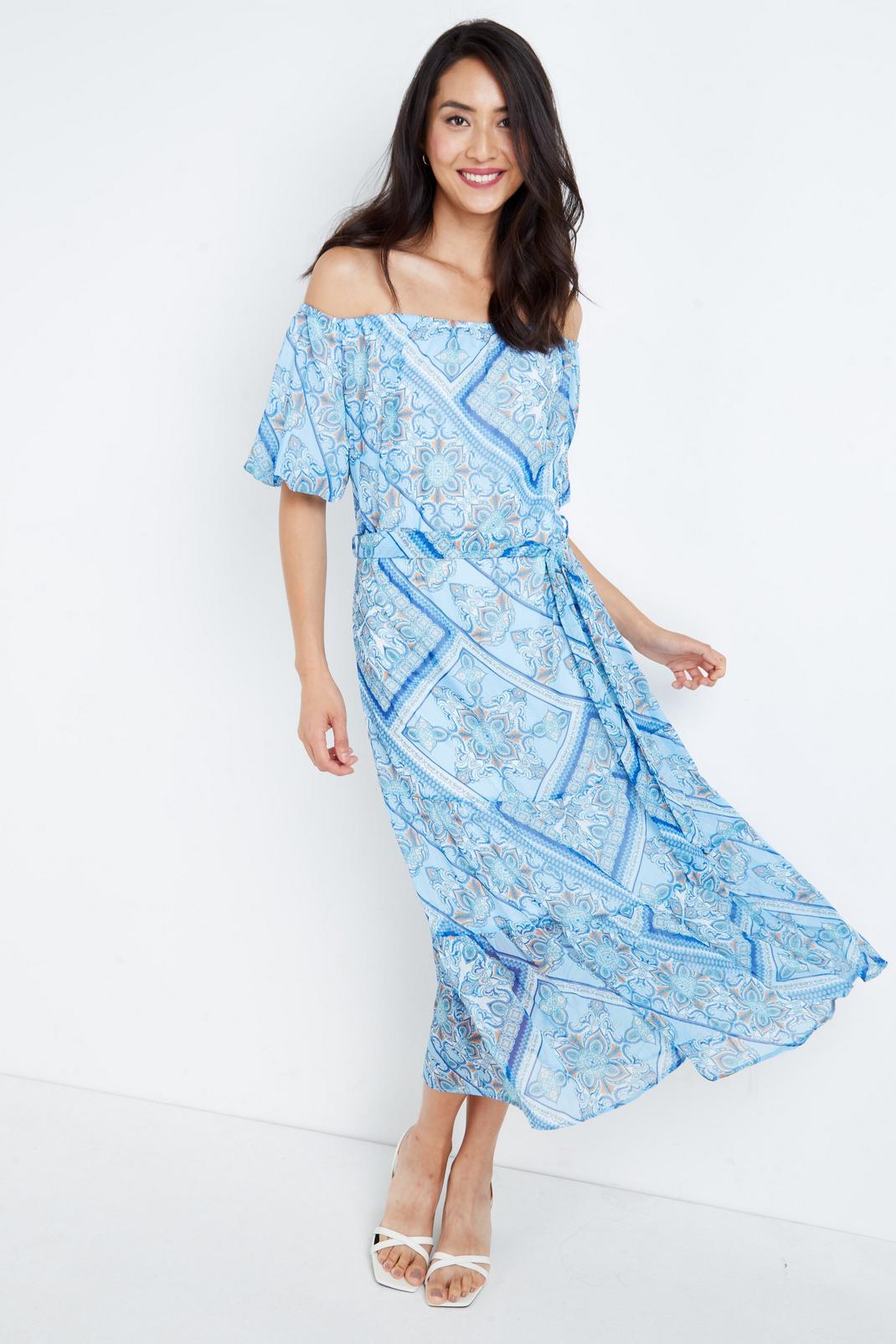 Tall Blue Scarf Print Bardot Midi Dress image number 1