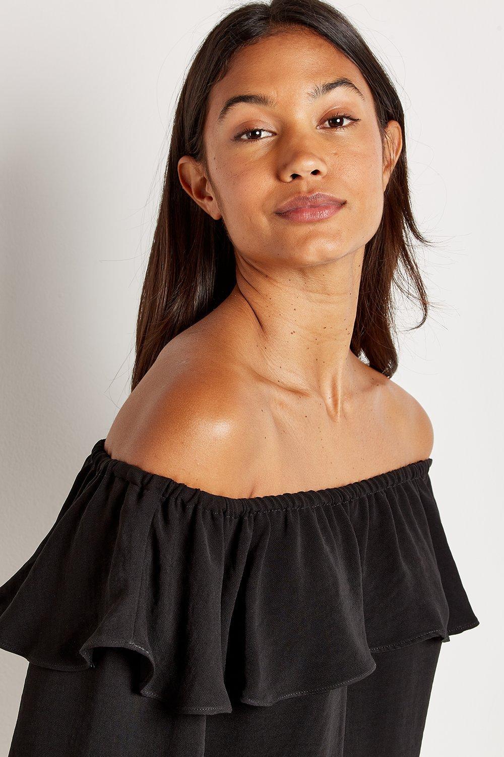 black frill bardot top