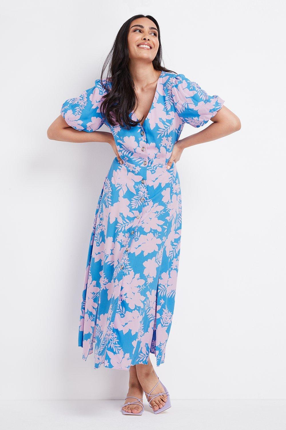 blue floral button dress