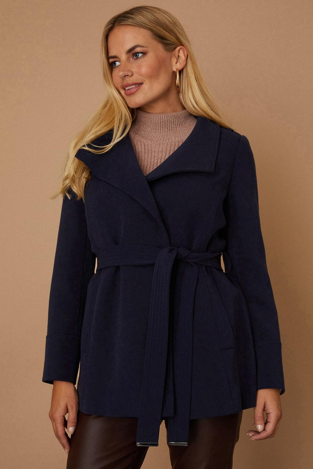Navy Petite Short Button Wrap Belted Coat image number 1
