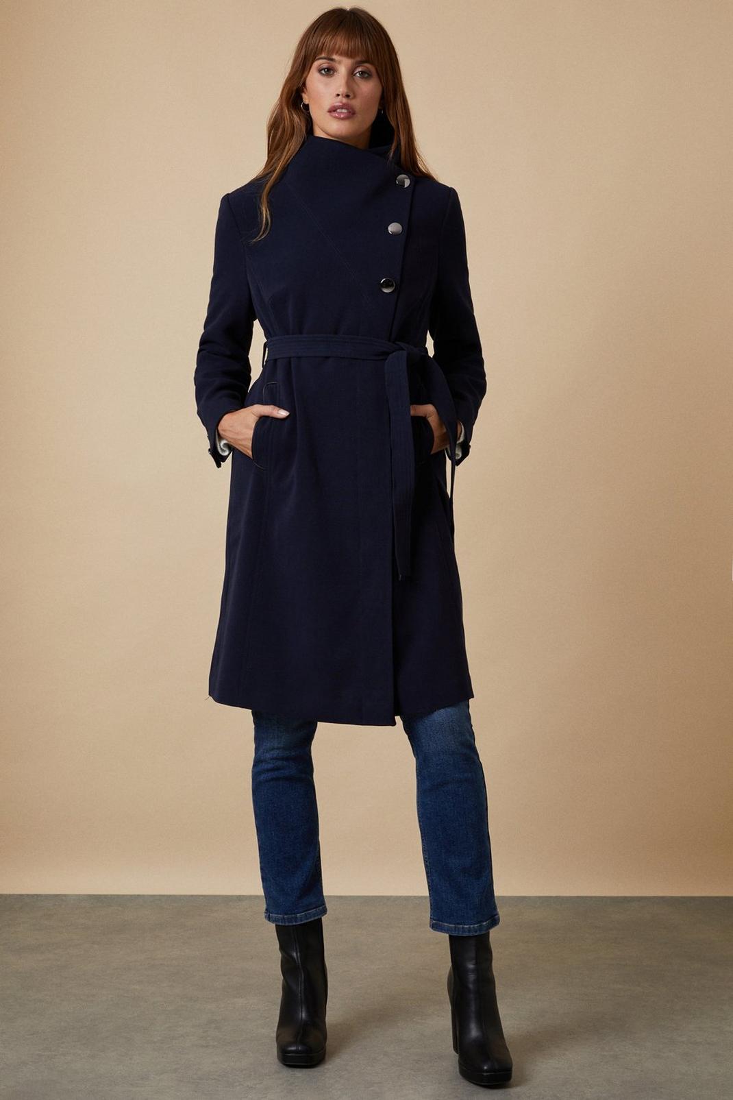 Navy Midi Button Wrap Belted  Coat image number 1