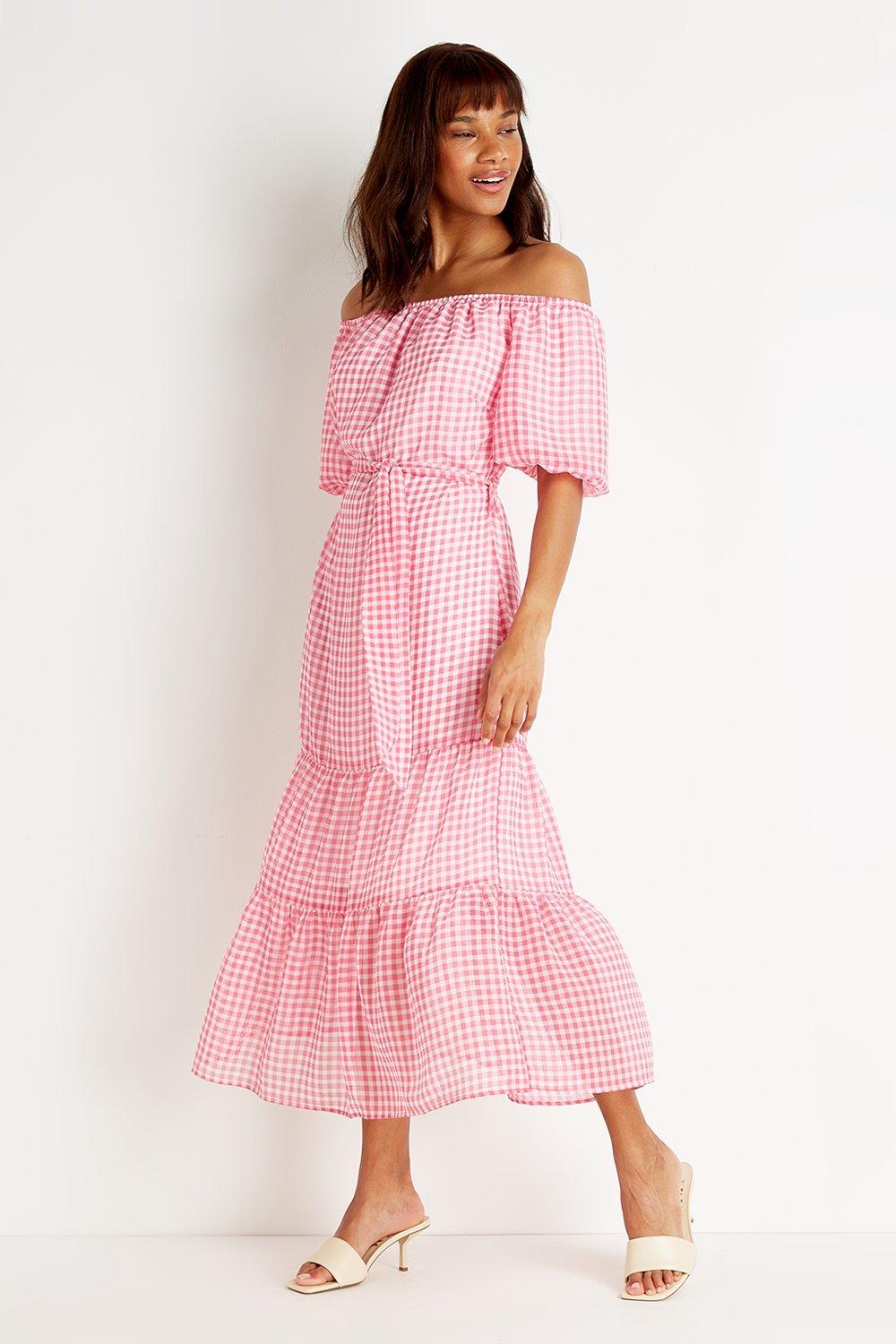 pink gingham bardot dress