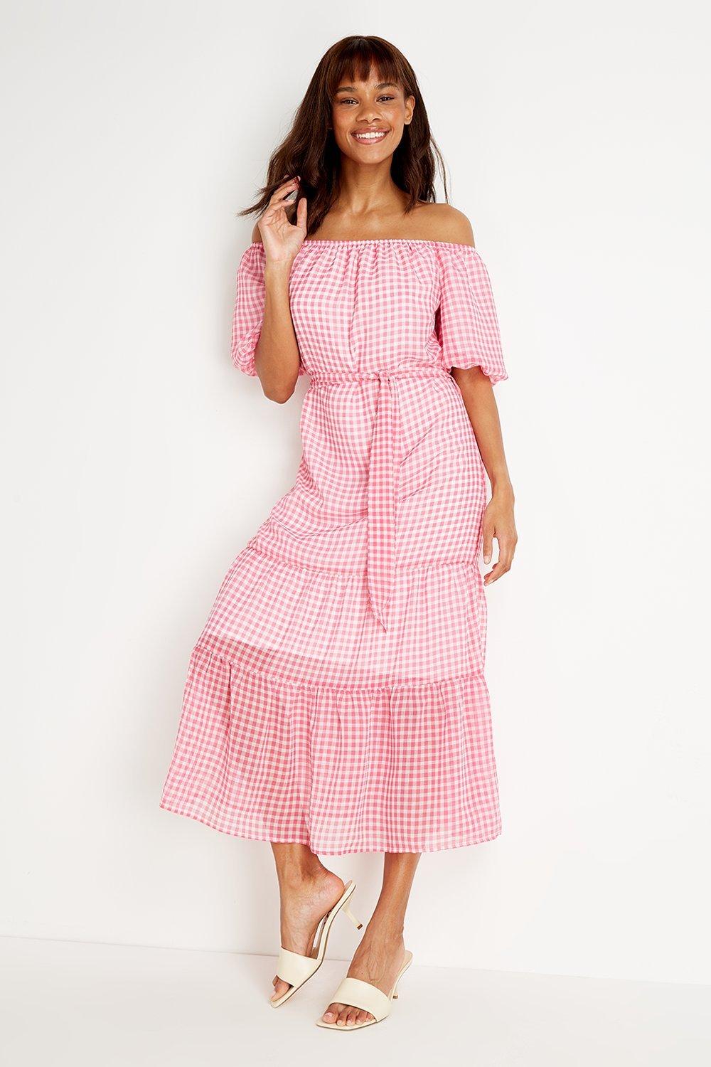 pink gingham bardot dress