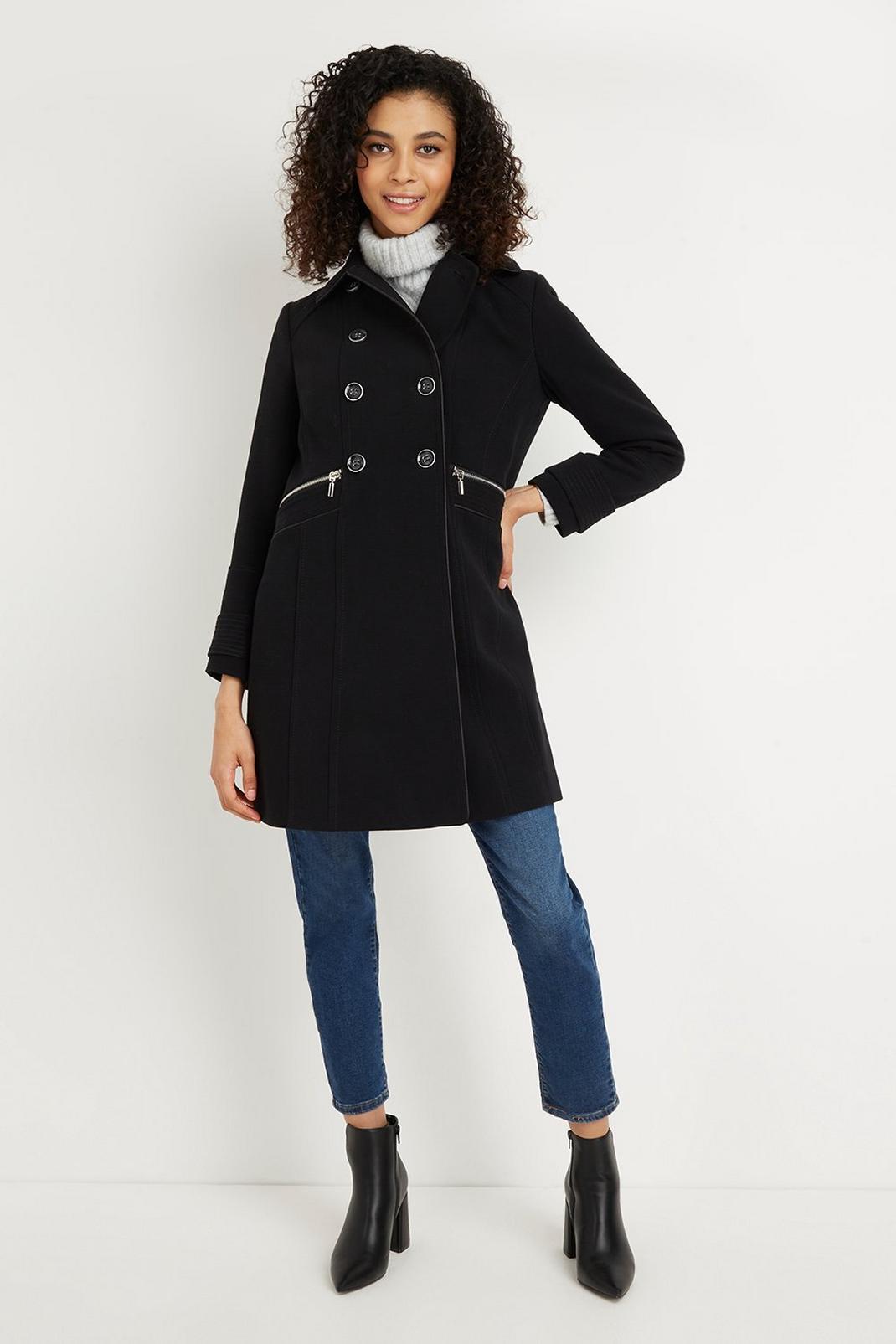 Black Petite Military Double Breasted Coat image number 1