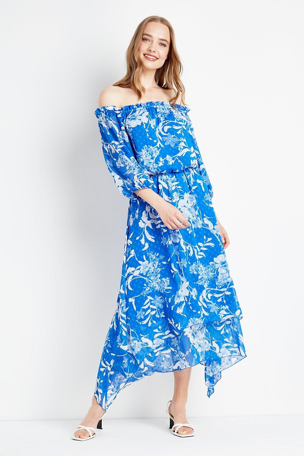 blue off shoulder floral dress