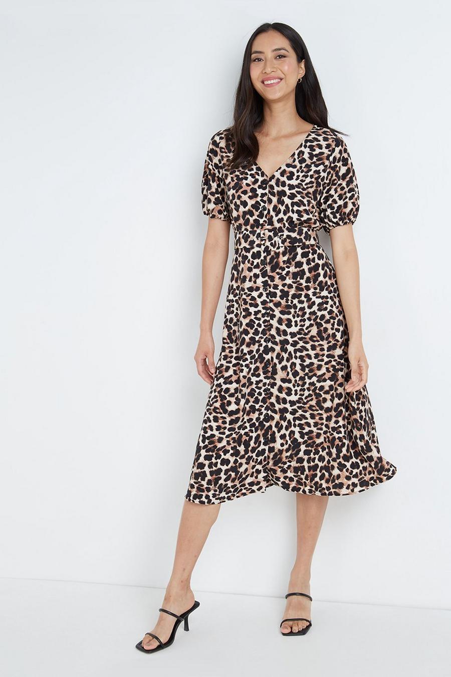 Animal Belted Puff Sleeve Dress